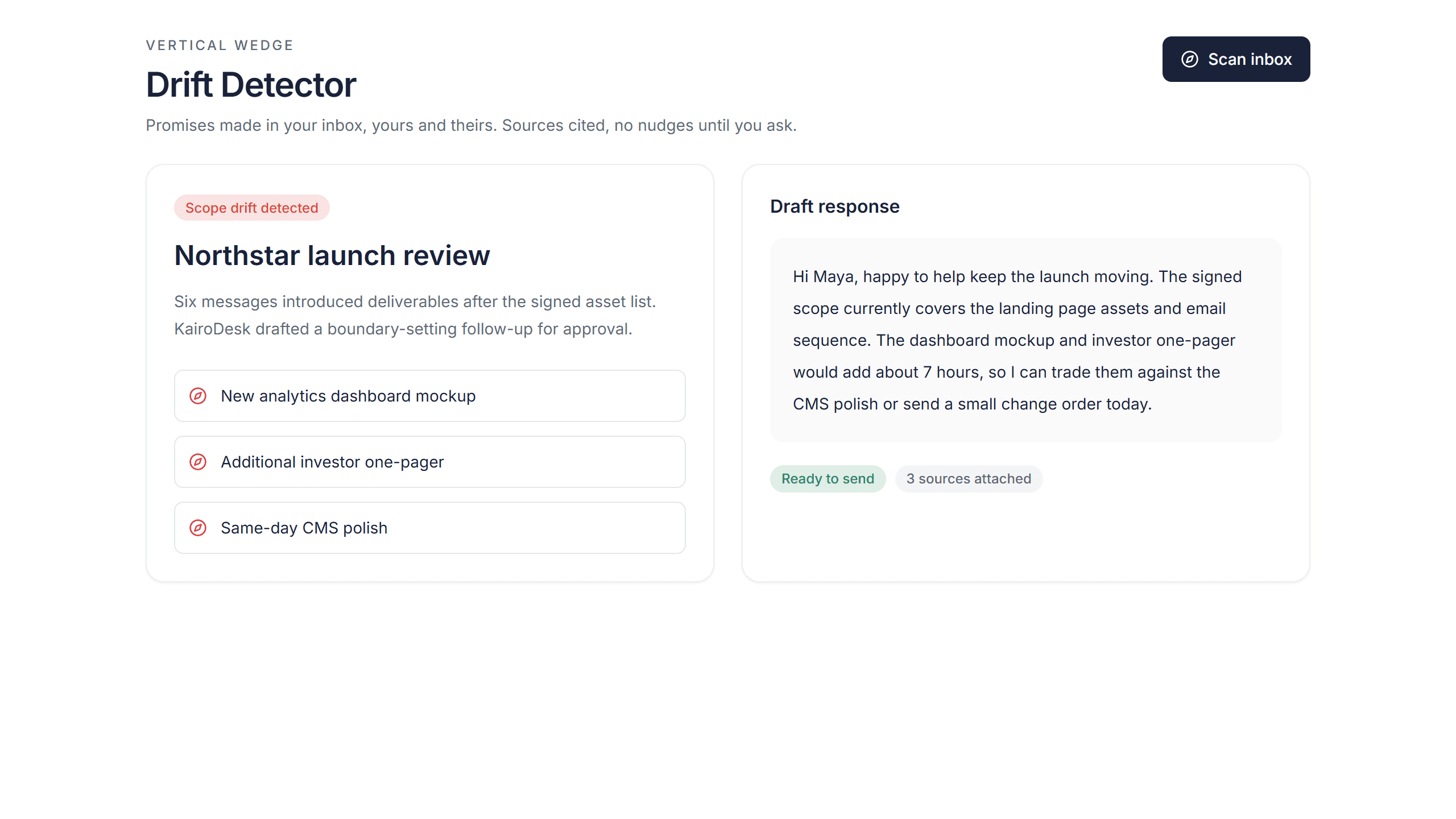 Drift Detector screen: tracked commitments on both sides with follow-up drafts pending approval