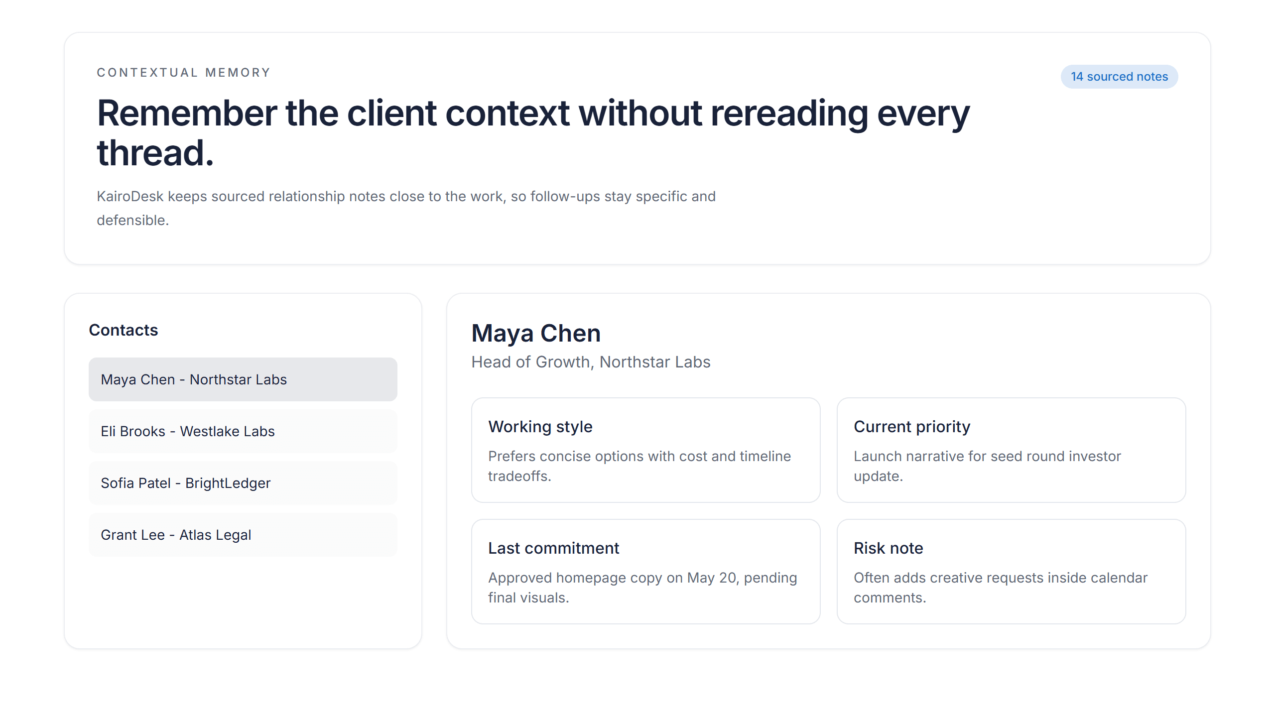 Contextual Memory screen: a living dossier on a recurring contact — open promises, last asks, and money context