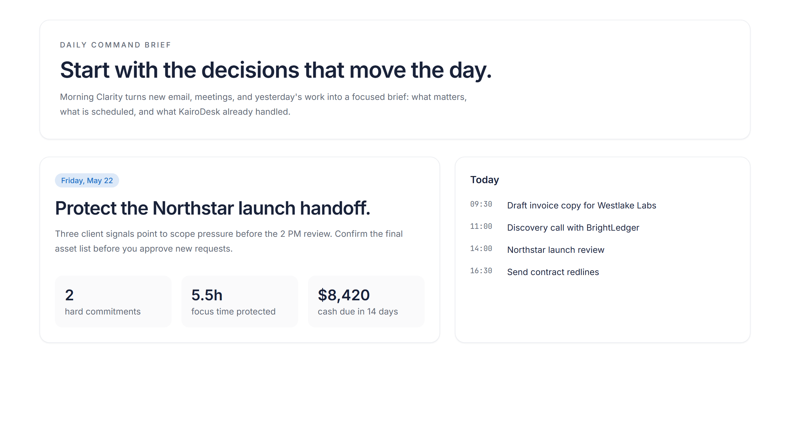 Morning Clarity screen: the daily brief with priorities, protected focus time, and the day’s schedule