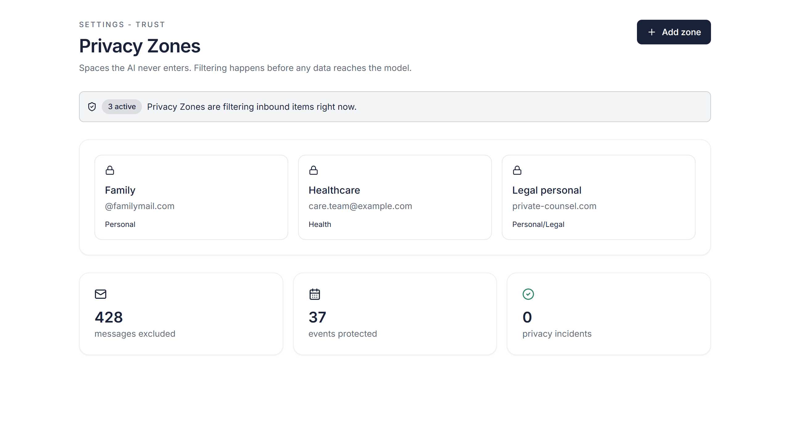 Privacy Zones screen: user-defined senders, labels, and time windows the AI never reads